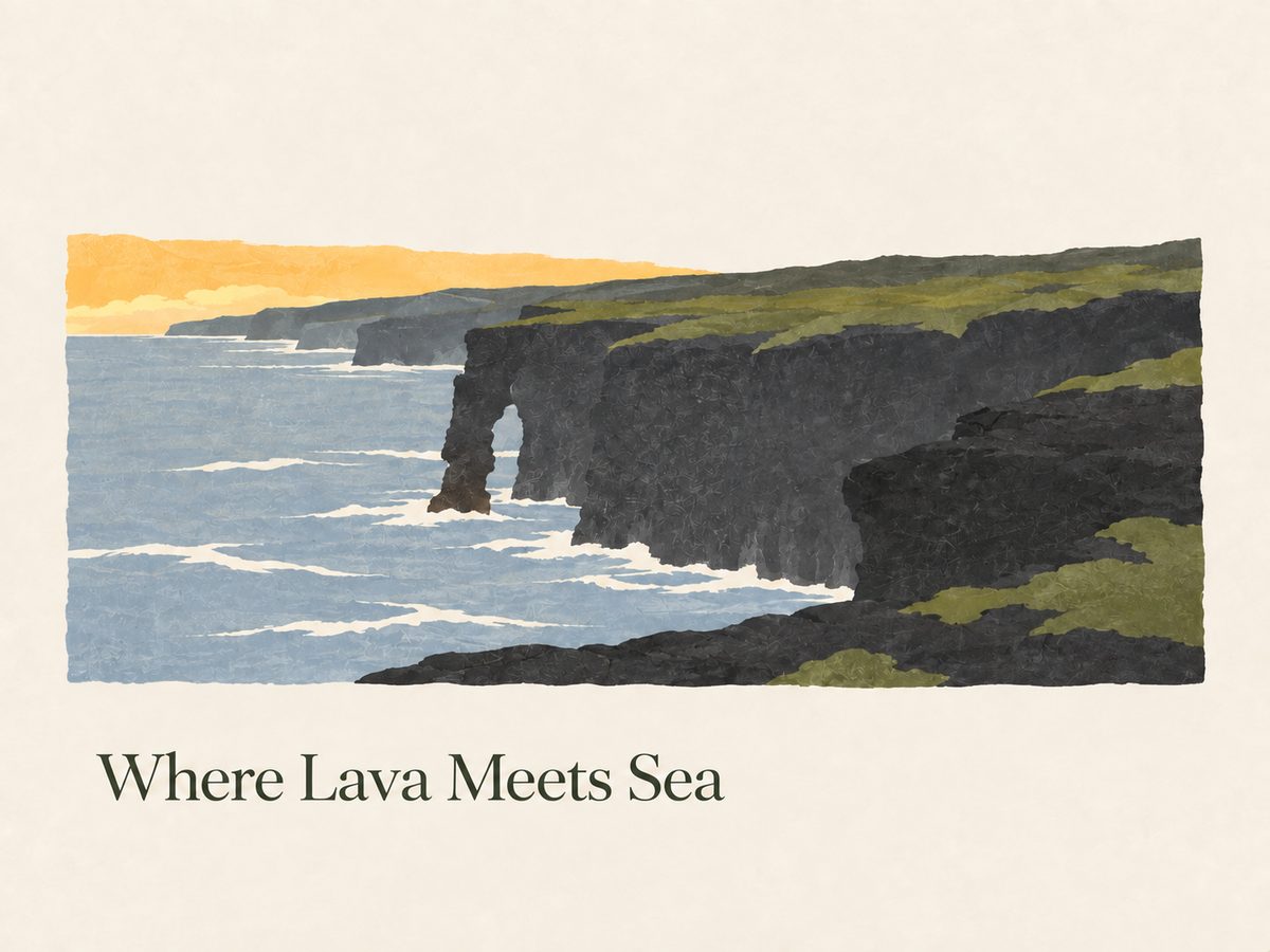 Illustration of Hōlei Sea Arch: a dark lava cliff on the Big Island of Hawaii with a sea arch cut through it, the Pacific below and a yellow sunset sky beyond.
