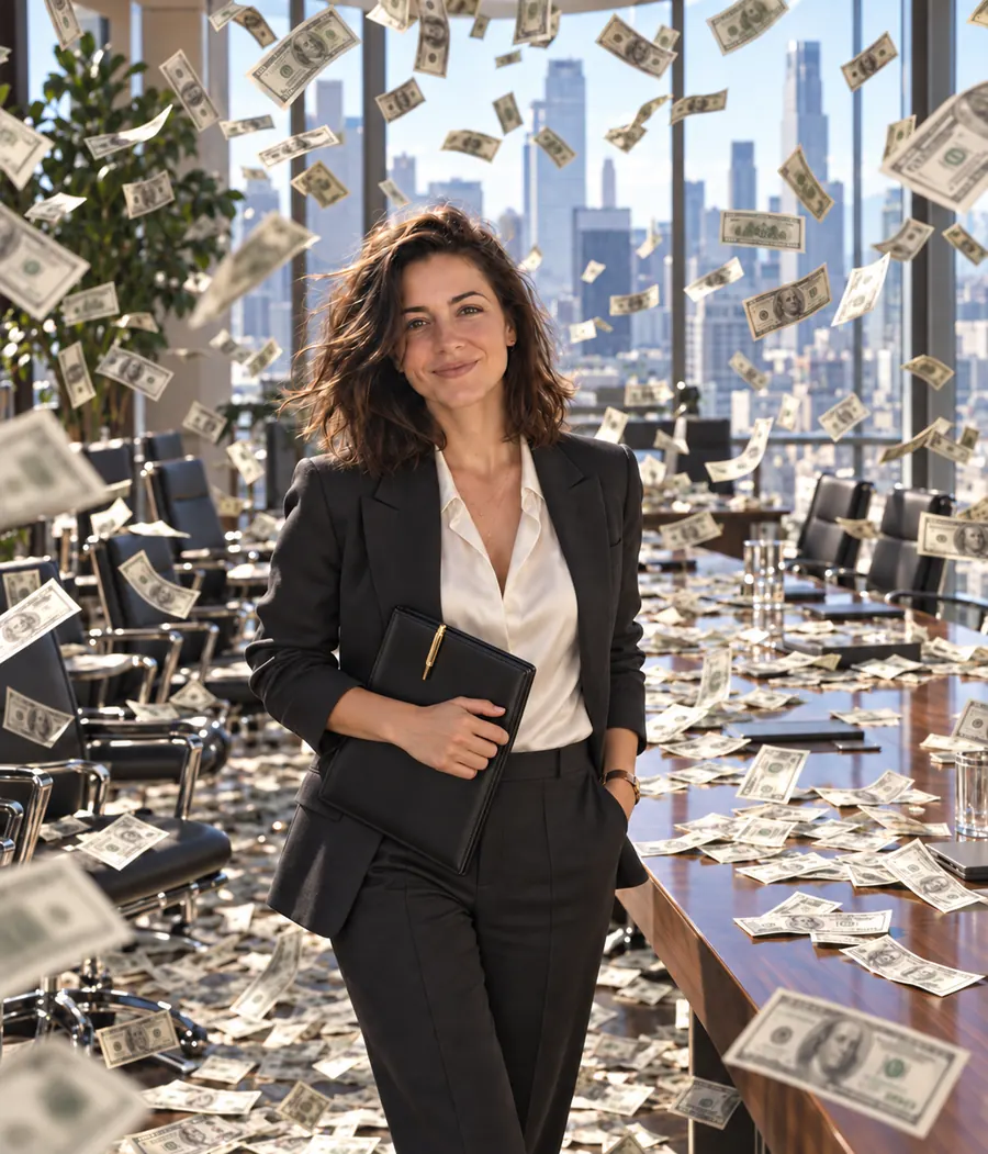 The same woman in a dark suit beside a boardroom table high above a city skyline, banknotes in the air around her