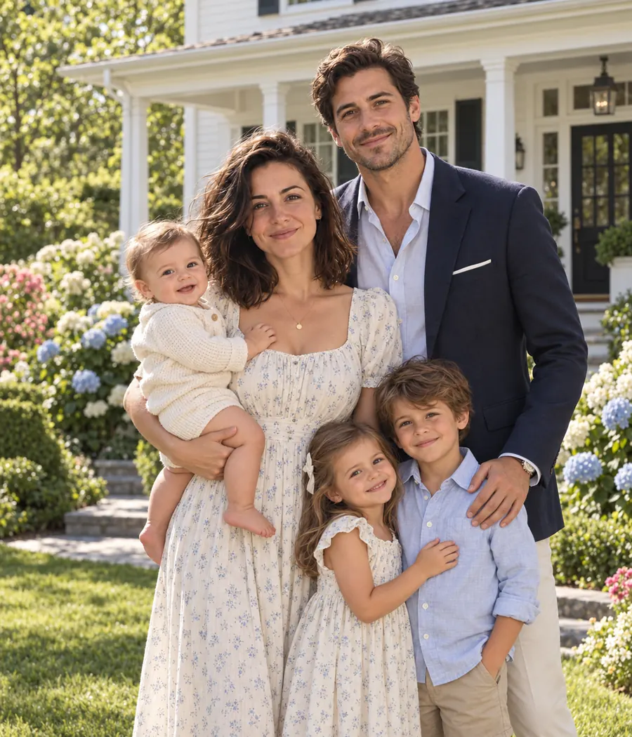 The same woman at home with her partner and children