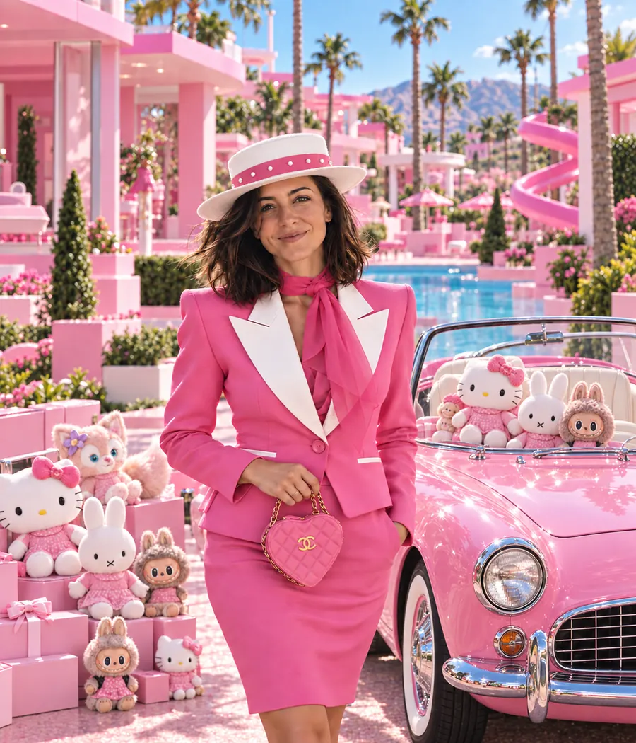 The same woman among the pink things she collects: fashion, a sports car, soft toys