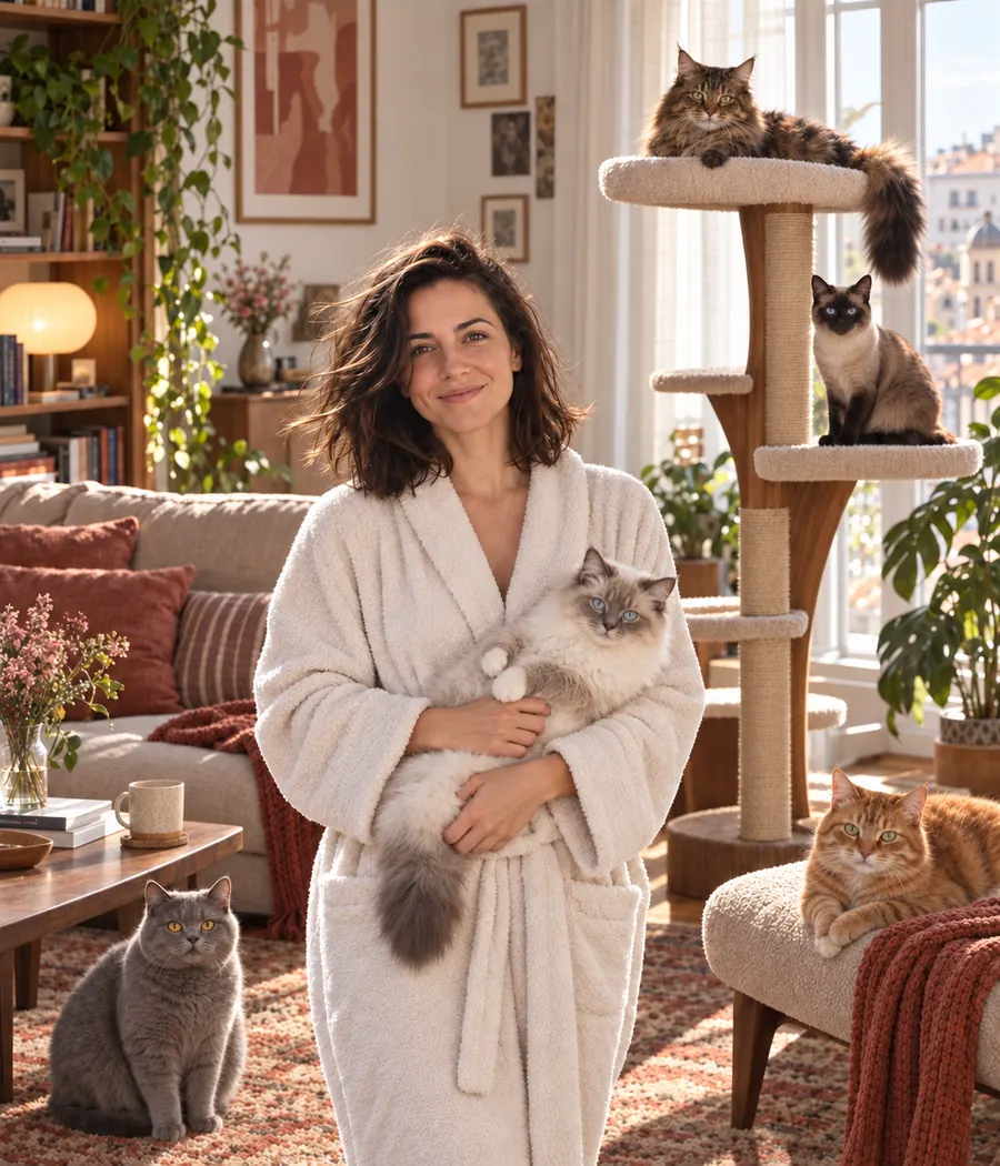 The same woman alone in an apartment she arranged herself, her cat nearby